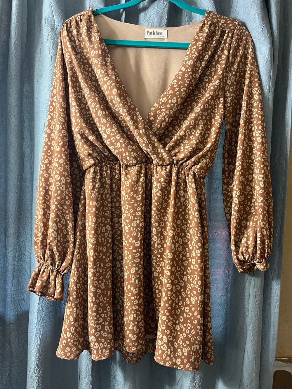 Peach Love California Brown Cream Leopard-Print Faux-Wrap Long Sleeve Mini Dress